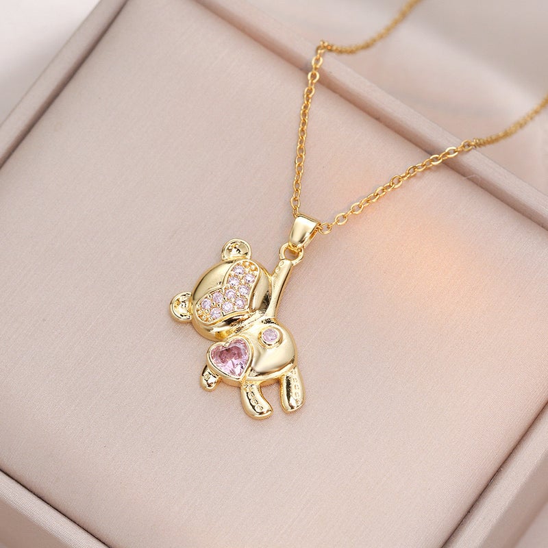 Necklace For Women Japanese And Korean Ins Trendy Colorful Zircon Heart Bear Personality Fashion Ins Minimalist Style Necklace - Image 4